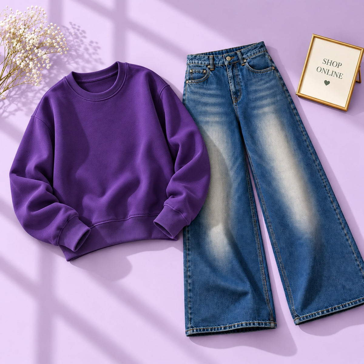 Purple Sweatshirt With Vintage Dark Blue Faded Jeans