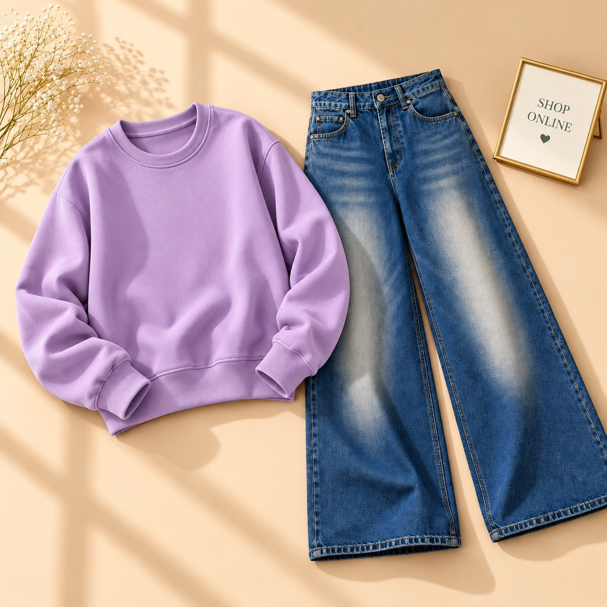 Lilac Sweatshirt With Vintage Dark Blue Faded Jeans