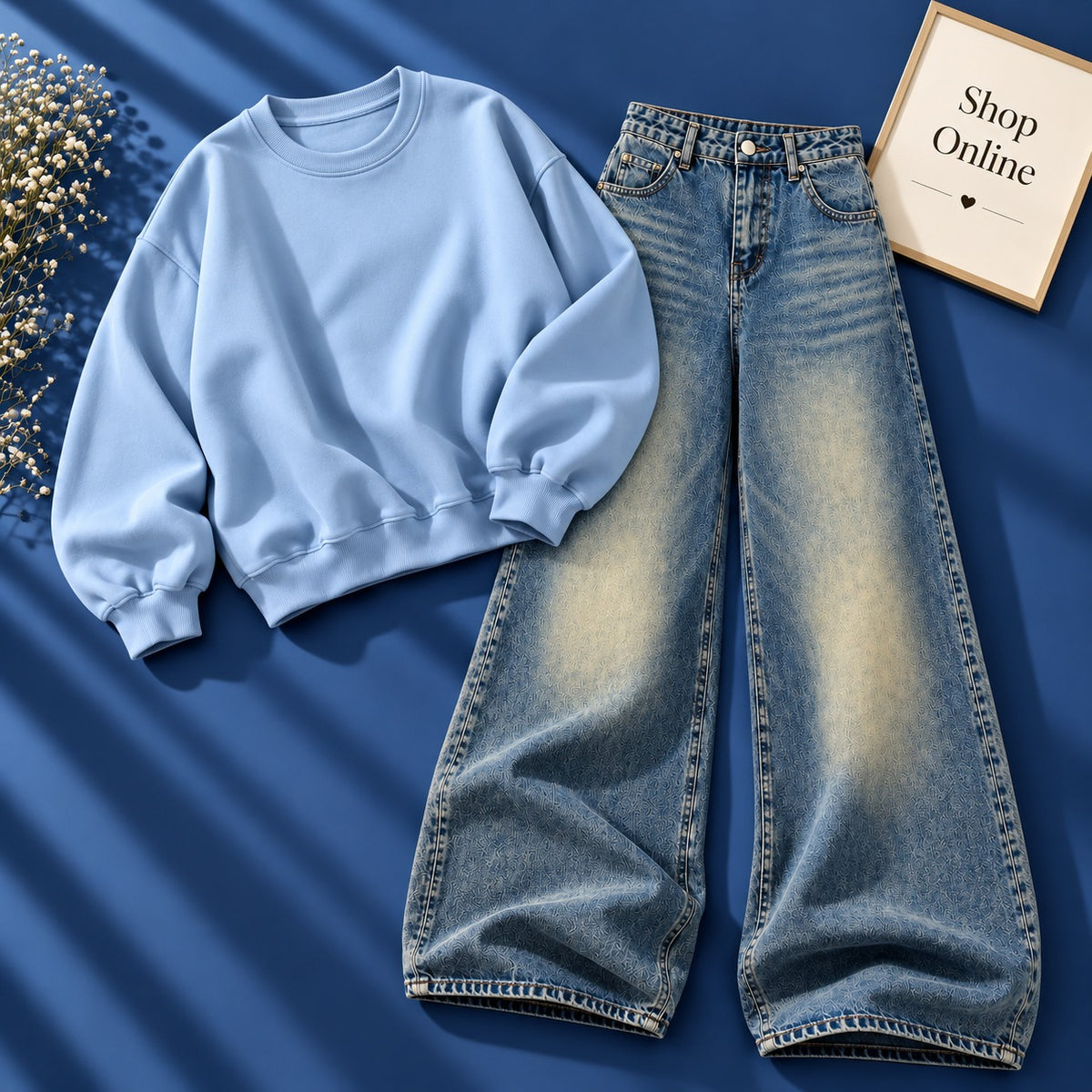 Sky Blue Sweatshirt With Vintage Sky Blue Faded Jeans