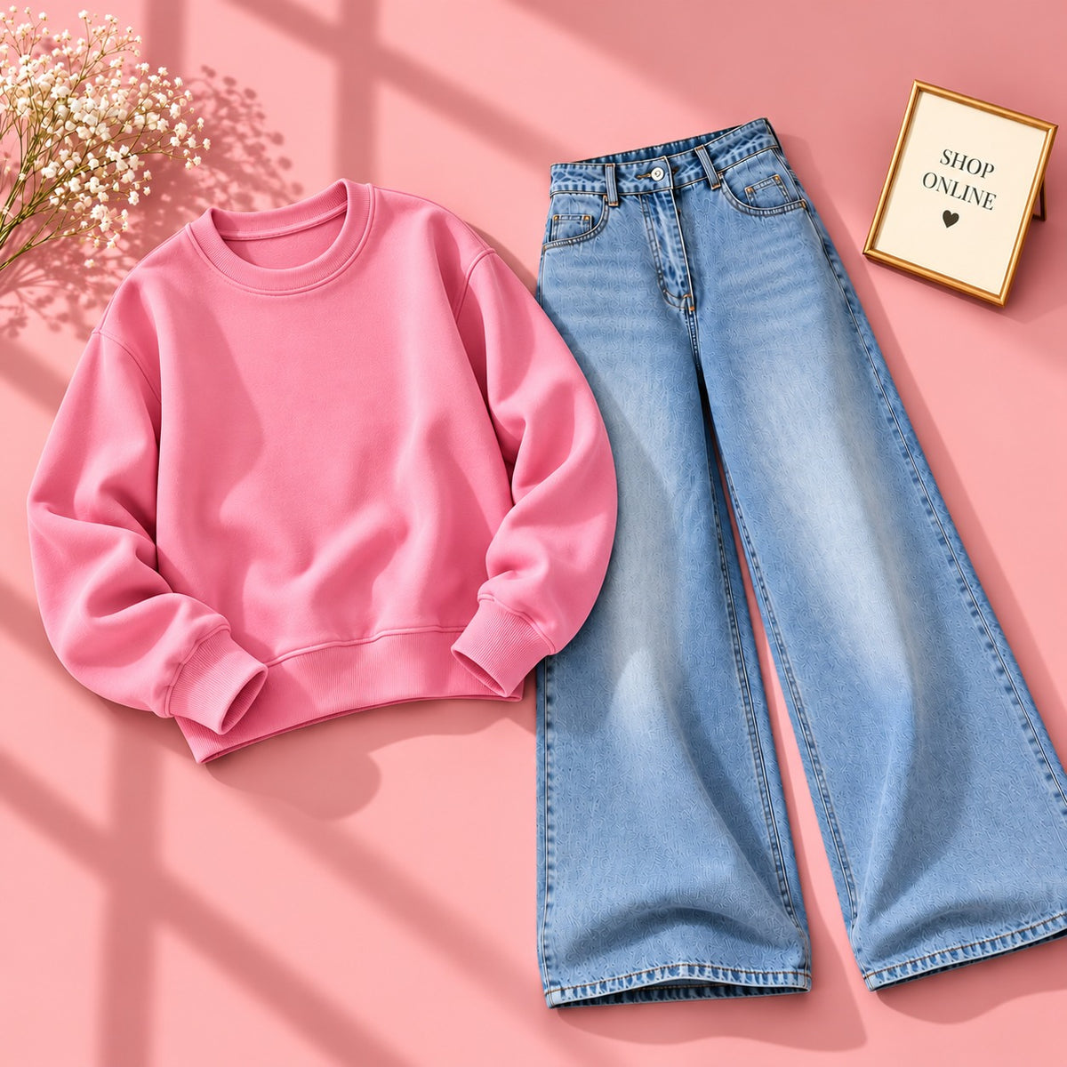 Pink Sweatshirt With Vintage Ice Blue Jeans