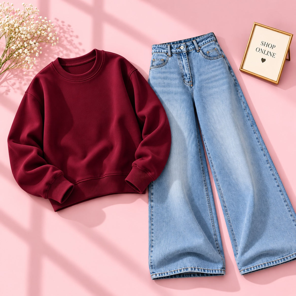 Maroon Sweatshirt With Vintage Ice Blue Jeans
