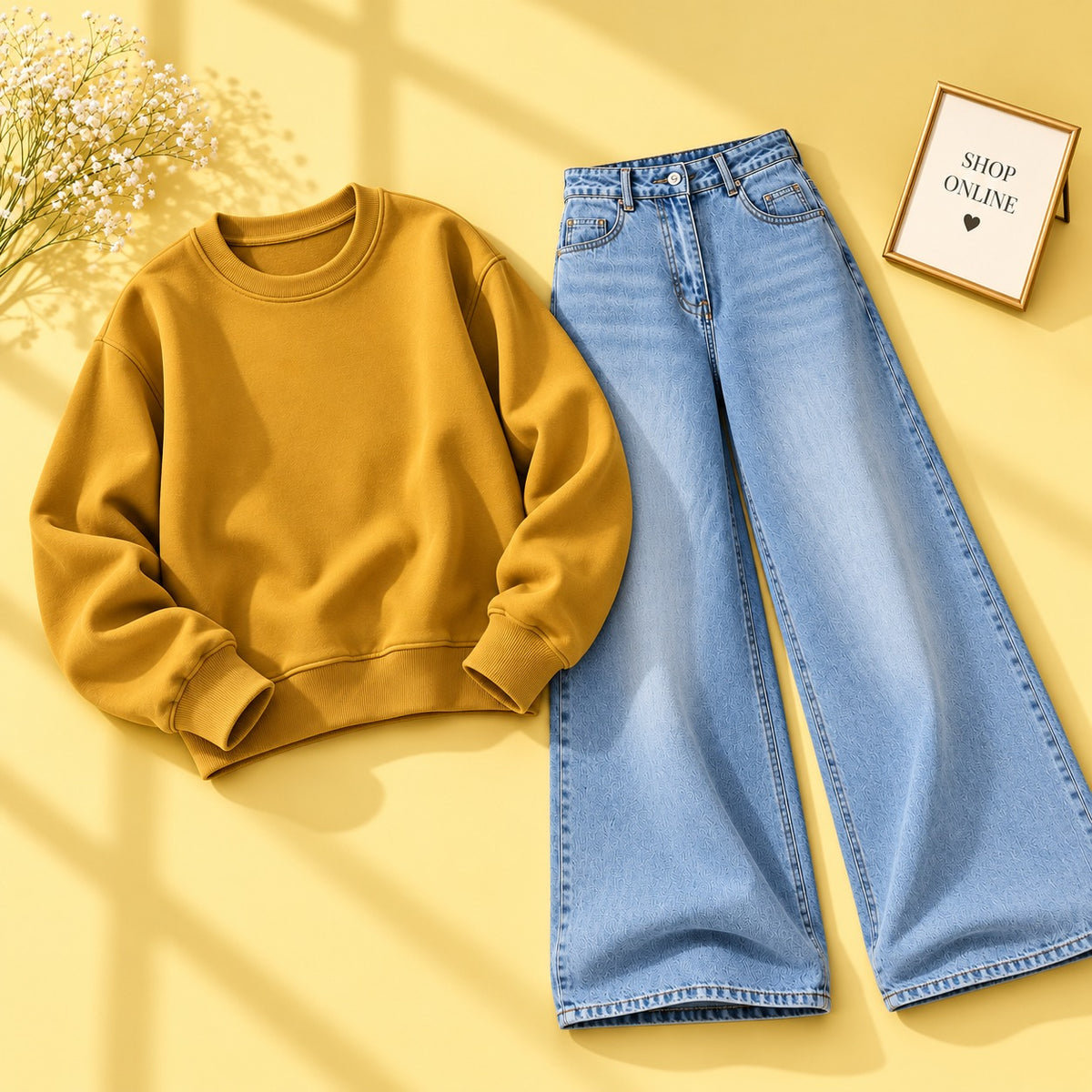 Yellow Sweatshirt With Vintage Ice Blue Jeans