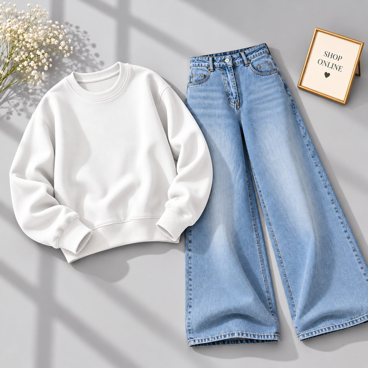 White Sweatshirt With Vintage Ice Blue Jeans