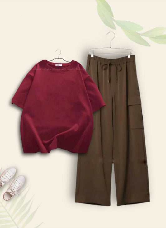 MAROON TSHIRT WITH BROWN CARGO TROUSER