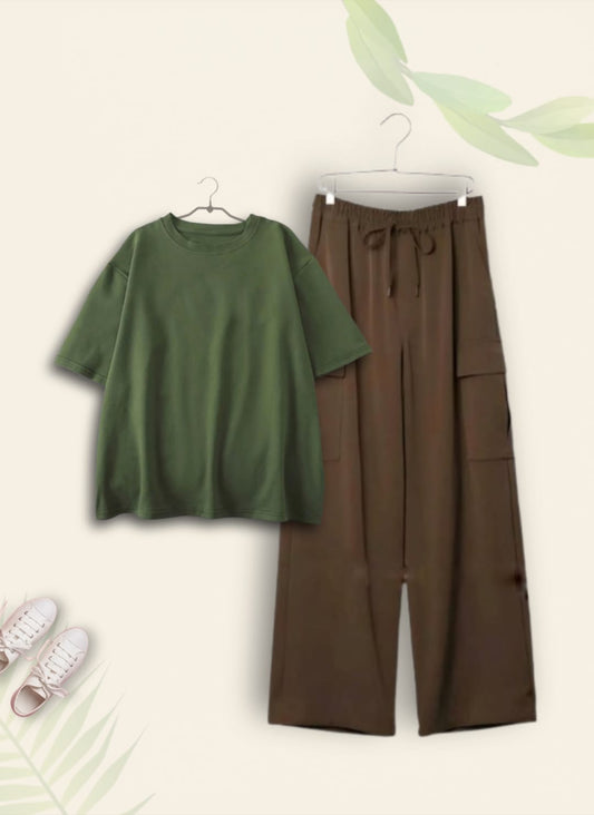 OLIVE GREEN TSHIRT WITH BROWN CARGO TROUSER