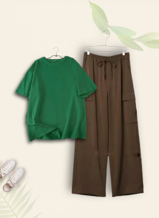 BOTTLE GREEN TSHIRT WITH BROWN CARGO TROUSER