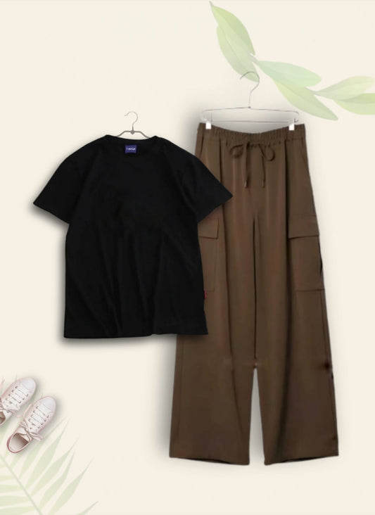 BLACK TSHIRT WITH BROWN CARGO TROUSER