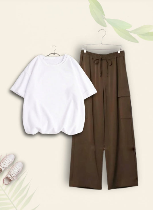 WHITE TSHIRT WITH BROWN CARGO TROUSER