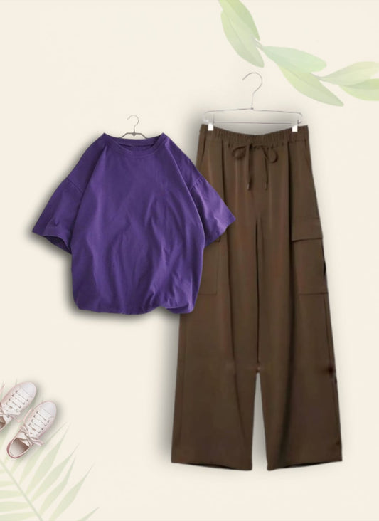 PURPLE TSHIRT WITH BROWN CARGO TROUSER