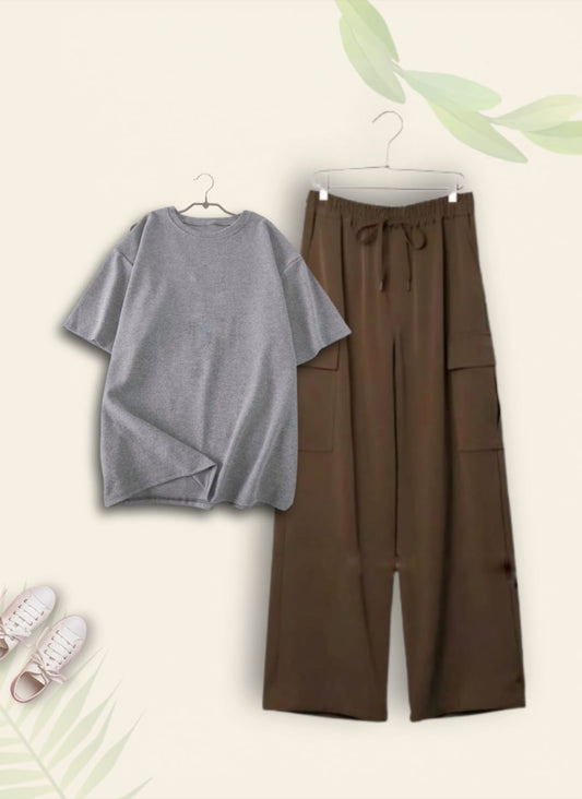 GREY TSHIRT WITH BROWN CARGO TROUSER