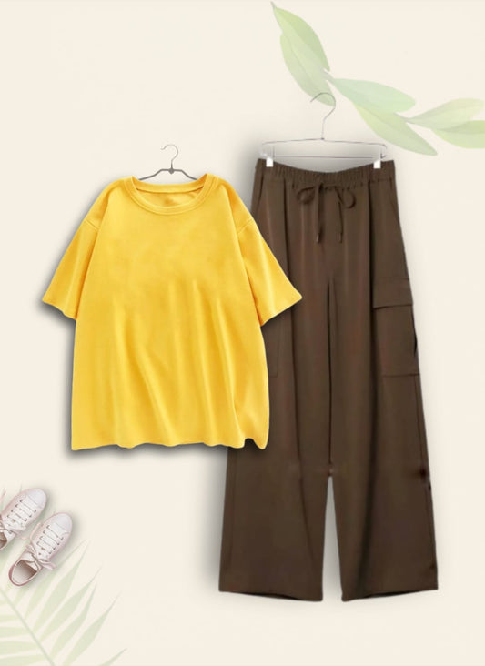 YELLOW TSHIRT WITH BROWN CARGO TROUSER