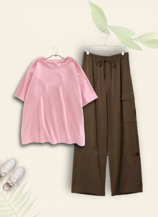 PINK TSHIRT WITH BROWN CARGO TROUSER