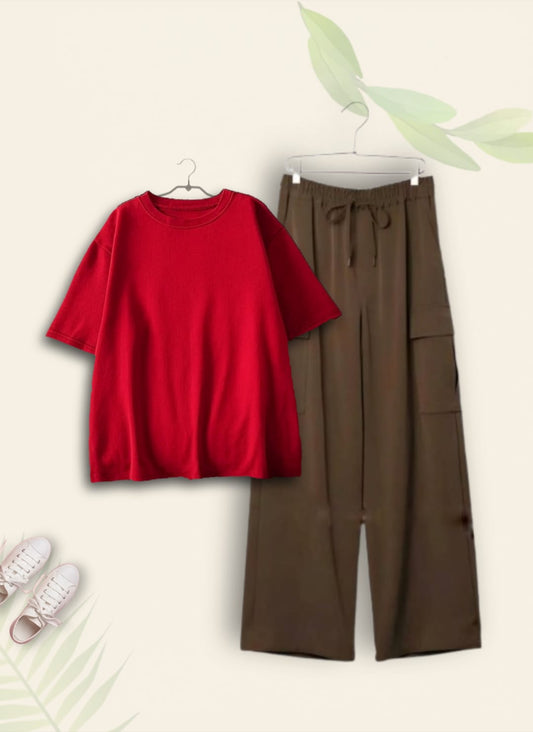 RED TSHIRT WITH BROWN CARGO TROUSER