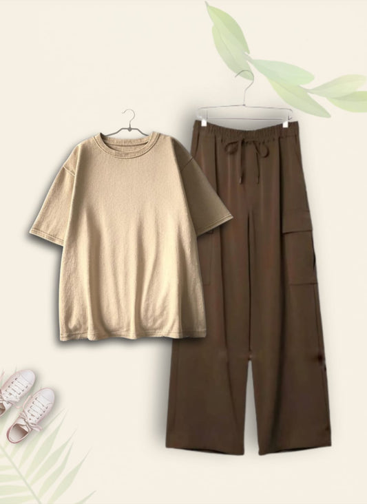 BEIGE TSHIRT WITH BROWN CARGO TROUSER