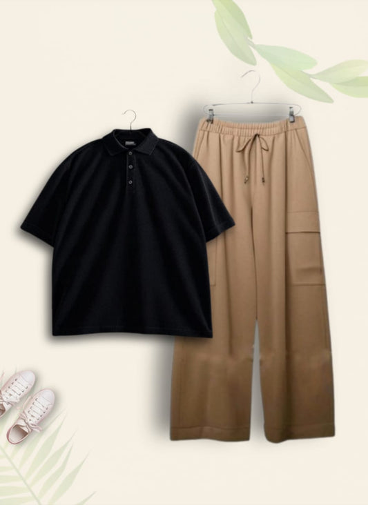 BLACK POLO WITH BEIGE CARGO TROUSER