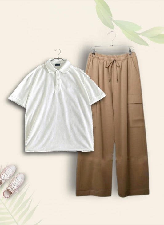 WHITE POLO WITH BEIGE CARGO TROUSER
