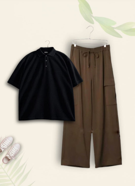 BLACK POLO WITH BROWN CARGO TROUSER