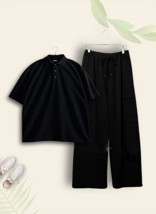BLACK POLO WITH BLACK CARGO TROUSER