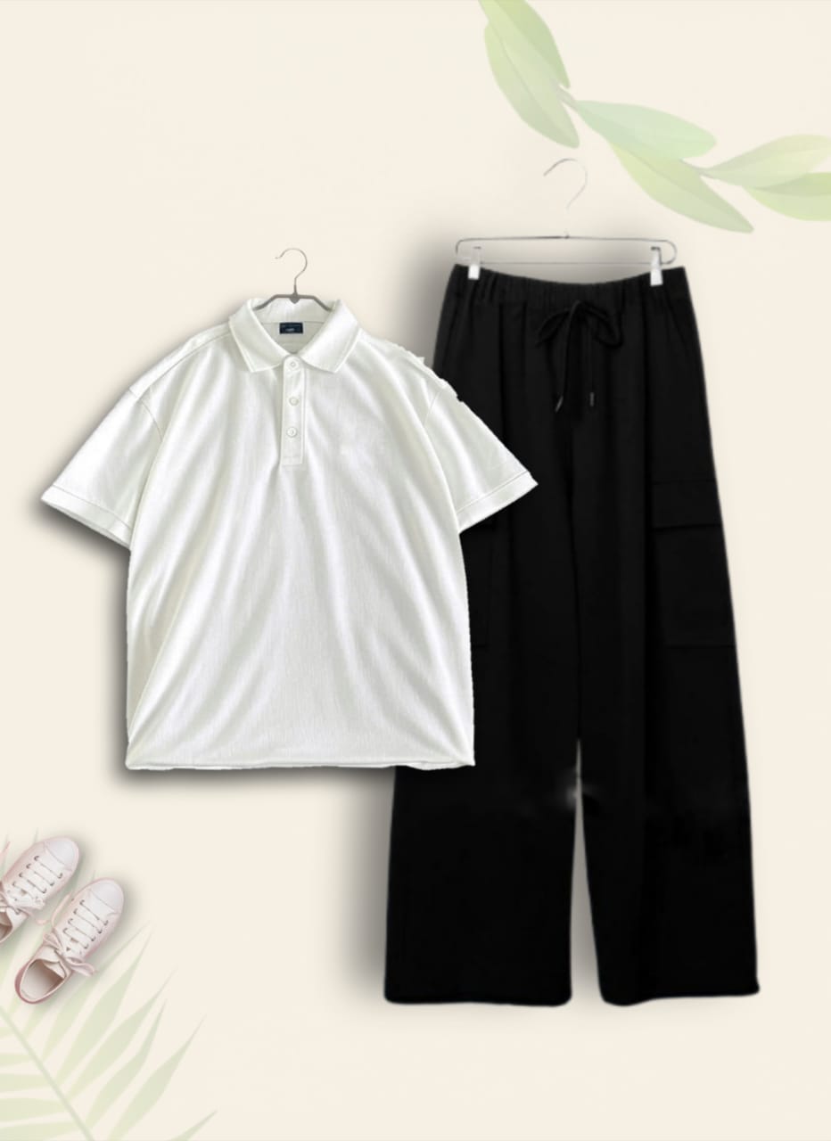 WHITE POLO WITH BLACK CARGO TROUSER