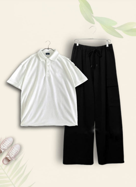 WHITE POLO WITH BLACK CARGO TROUSER