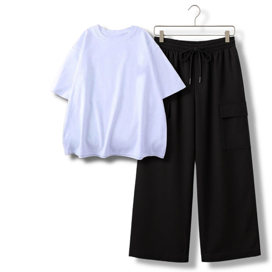 WHITE TSHIRT WITH BLACK CARGO TROUSER