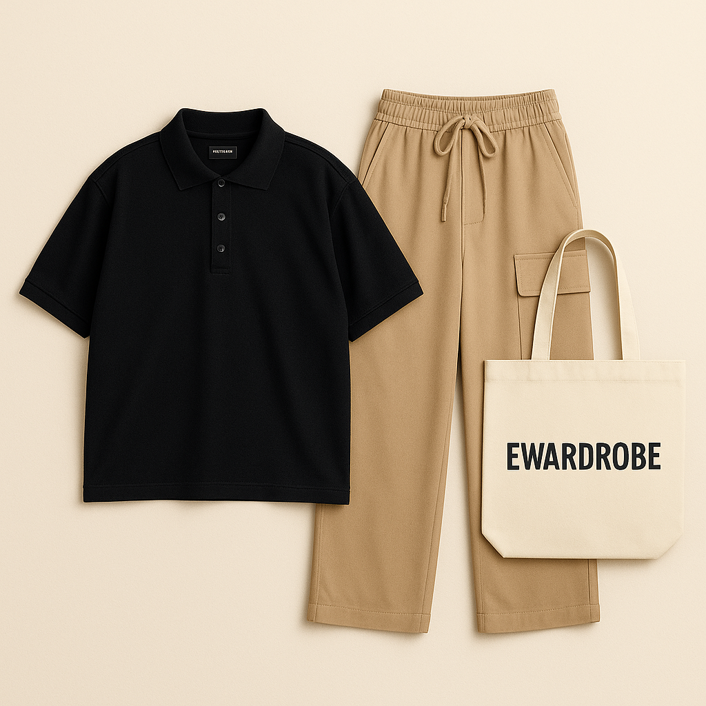 Black Polo Shirt With Beige Cargo Trouser