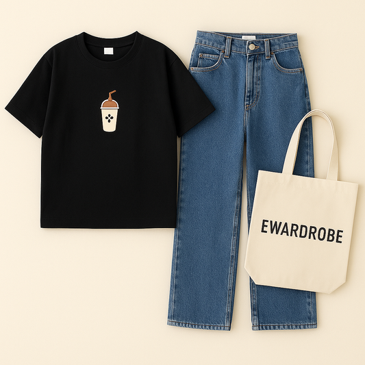 BLACK TSHIRT NEW COFFEE CUP WITH MID BLUE WIDE LEG JEANS