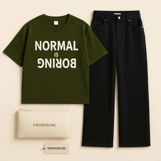 OLIVE GREEN TSHIRT NORMAL IS BORING WITH BLACK WIDE LEG JEANS