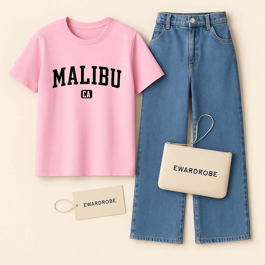 PINK TSHIRT MALIBU WITH MID BLUE WIDE LEG JEANS
