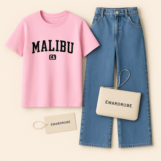 PINK TSHIRT MALIBU WITH MID BLUE WIDE LEG JEANS