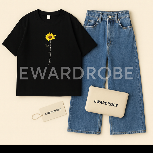 BLACK TSHIRT SUNFLOWER YOU ARE MY SUNSHINE WITH MID BLUE WIDE LEG JEANS
