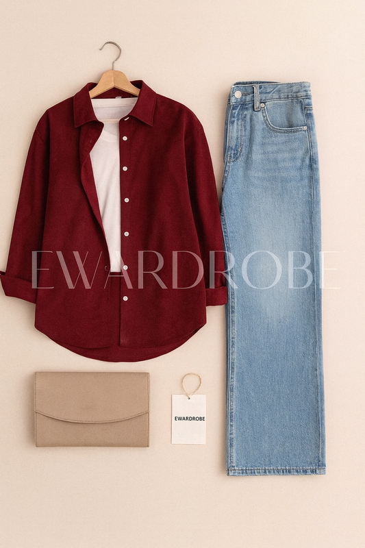 MAROON BUTTON DOWN SHIRT WITH INNER WITH ICE BLUE WIDE LEG JEANS