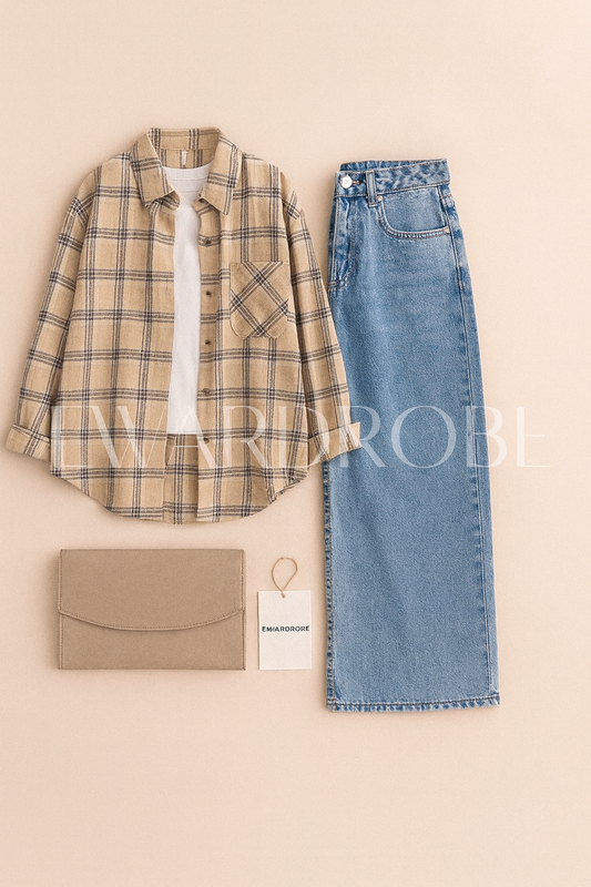 BEIGE CHECK BUTTON DOWN SHIRT WITH INNER WITH ICE BLUE WIDE LEG JEANS