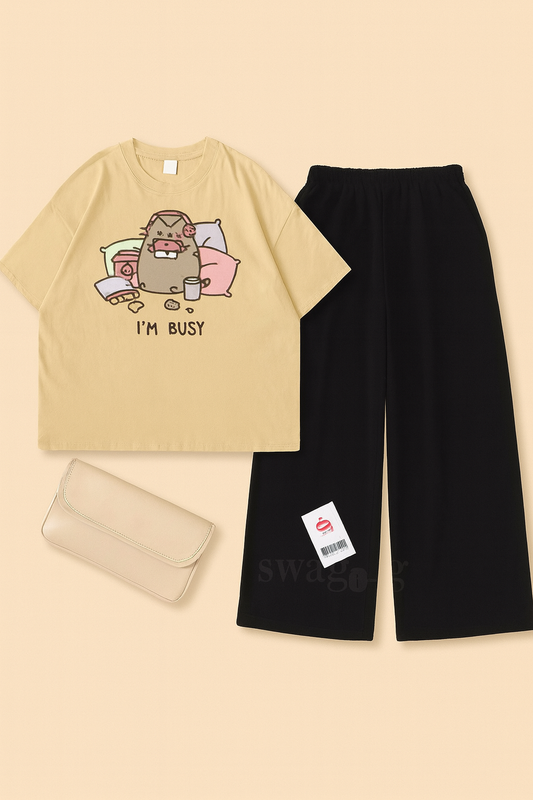BEIGE TSHIRT IM BUSY CARTOON WITH BLACK FLAPPER
