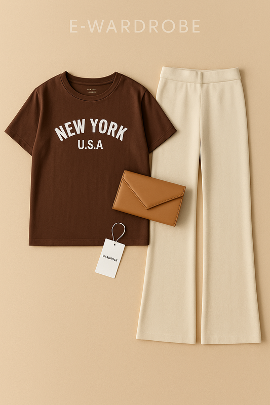 BROWN TSHIRT NEW YORK USA WITH BEIGE FLAPPER