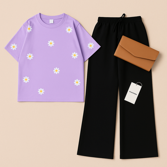 LILAC TSHIRT SUNFLOWER ALL OVER WITH BLACK FLAPPER
