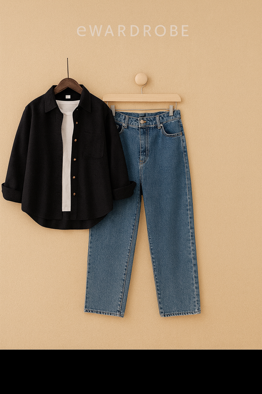 BLACK BUTTON DOWN SHIRT WITH INNER WITH SKY BLUE WIDE LEG JEANS