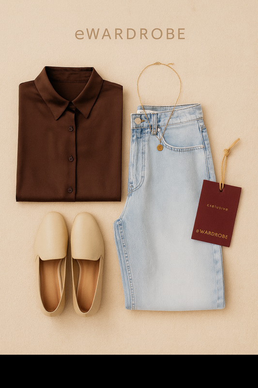 DARK BROWN BUTTON DOWN SHIRT WITH SKY BLUE WIDE LEG JEANS