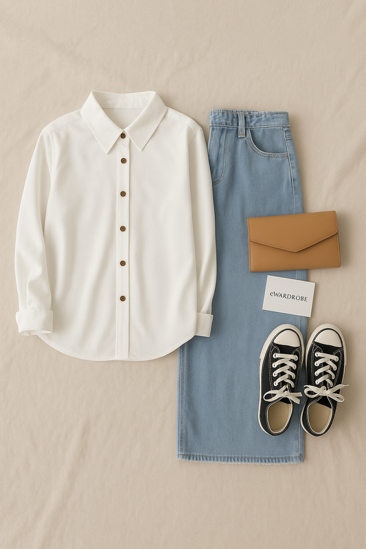 WHITE BUTTON DOWN SHIRT WITH ICE BLUE WIDE LEG JEANS