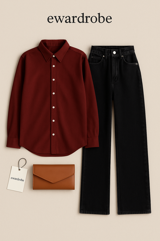 MAROON BUTTON DOWN SHIRT WITH BLACK WIDE LEG JEANS
