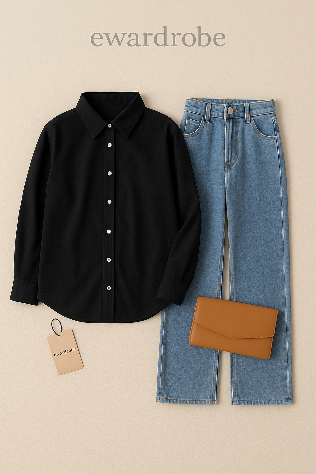 BLACK BUTTON DOWN SHIRT WITH MID BLUE WIDE LEG JEANS