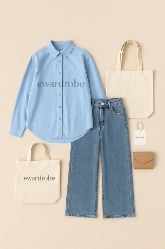SKY BLUE BUTTON DOWN SHIRT WITH SKY BLUE WIDE LEG JEANS