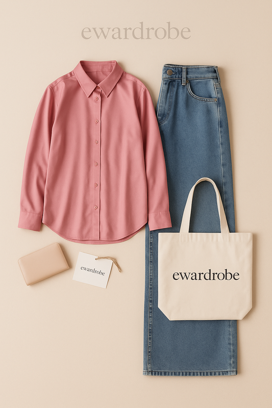 LIGHT PINK BUTTON DOWN SHIRT WITH ICE BLUE WIDE LEG JEANS