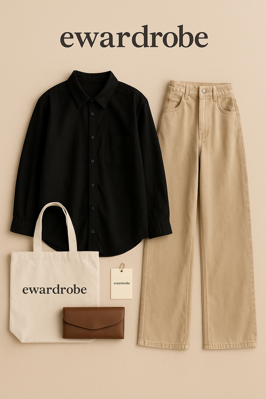 BLACK BUTTON DOWN SHIRT WITH BEIGE WIDE LEG JEANS