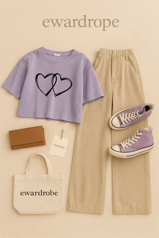 LILAC TSHIRT HEART IN HEART WITH BEIGE WIDE LEG JEANS