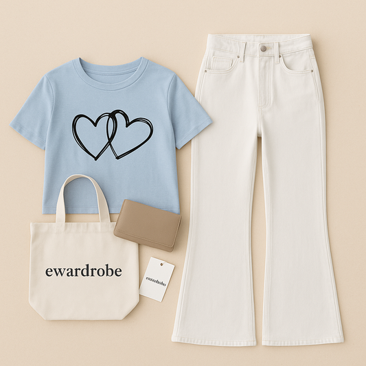 SKY BLUE TSHIRT HEART IN HEART WITH WHITE BELL BOTTOM JEANS