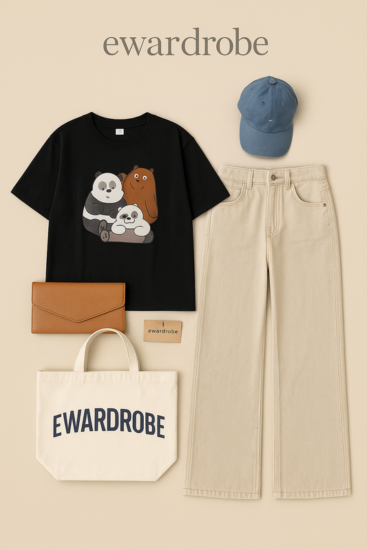 BLACK TSHIRT BOX BEARS WITH BEIGE WIDE LEG JEANS