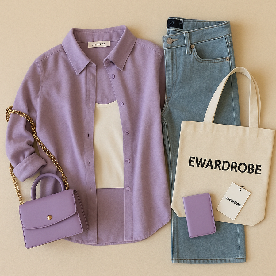 Lilac Button Down Shirt With White Inner Tanktop And Ice Blue Wide Leg Jeans