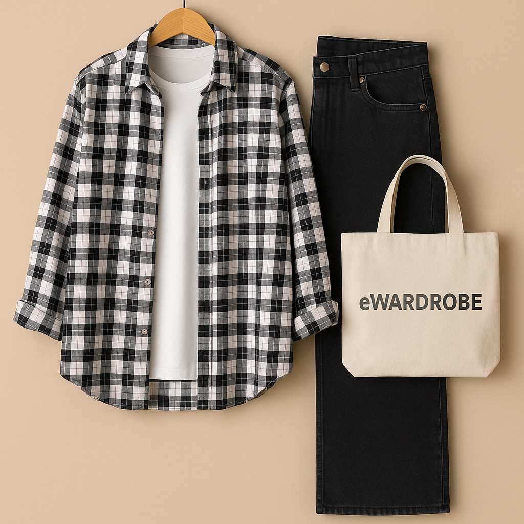Check Shirt With White Inner Tee And Black Wide Leg Jeans