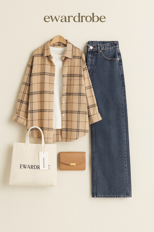 BIEGE CHECK SHIRT WITH INNER AND MID BLUE WIDE LEG JEANS